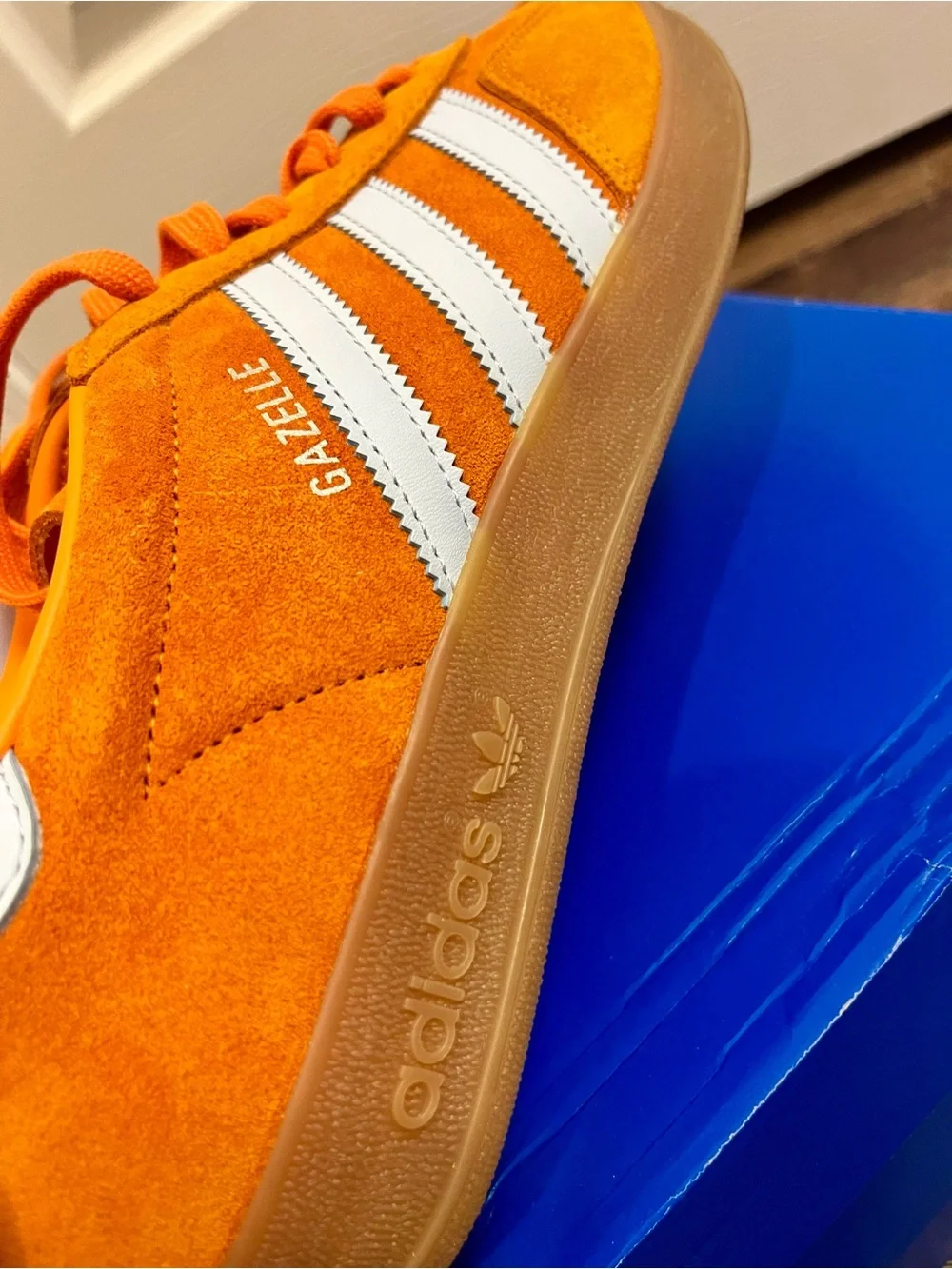 adidas Gazelle Men’s Orange Suede Sneakers with White Stripes - Picture 5 of 5